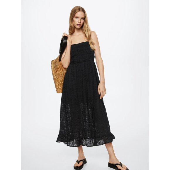 Mango Black Eyelet Smocked Square Neck Tie Shoulder Midi Dress Size Large NWT - Picture 1 of 16